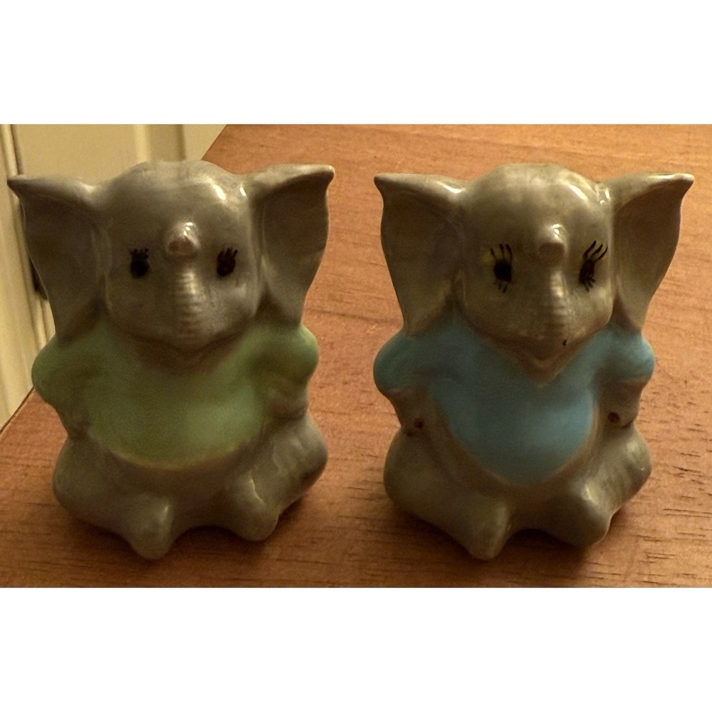 Set Of 2 Vintage Japan Elephant Figurines Green Shirt and Blue Shirt 2.5 Inch